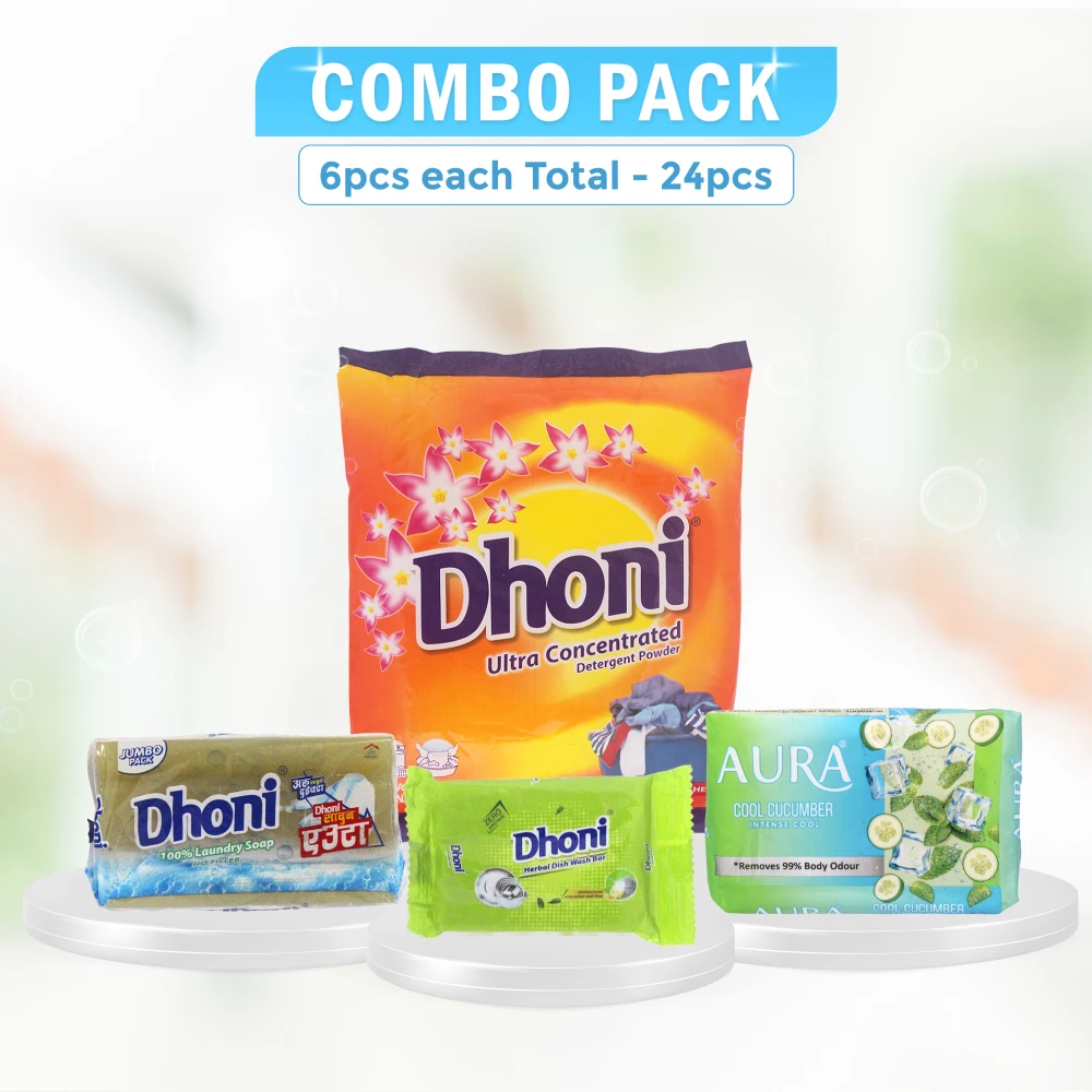 Product photo of Dhoni Combo Pack ( Laundry Soap, Powder, Herbal Dishwash, Aura Body Soap ) - 24pcs